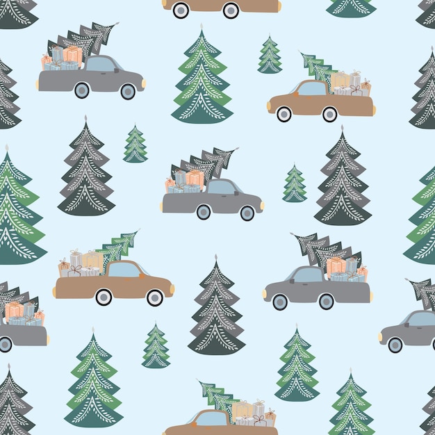 Kerst naadloze patroon. auto's met geschenken en een kerstboom. vector