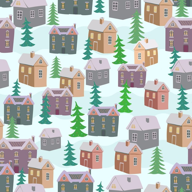 Kerst naadloze patroon. Kleine huisjes en elegante kerstbomen. Vector.