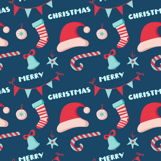 Vector kerst naadloze patroon met hoed, bel, sokken, bal, belettering geïsoleerd op een witte achtergrond. platte vectorillustratie. ontwerp voor achtergrond, verpakking, behang, textiel, verpakking