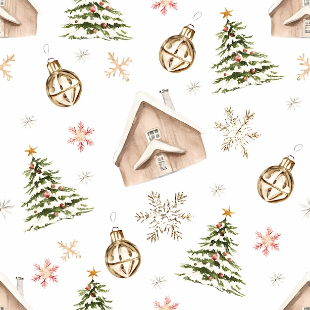 Kerst naadloze patroon met sparren sneeuwvlokken en huizen aquarel vectorillustratie