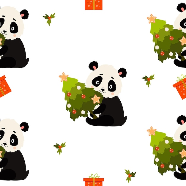 Kerst naadloze patroon schattige panda met cadeau en kerstboom op witte achtergrond