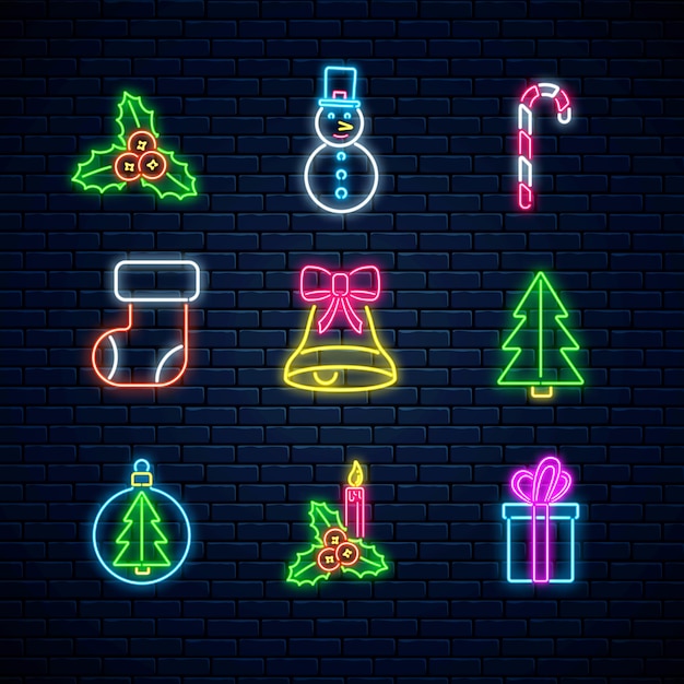 Kerst neon symbolen. Gelukkig nieuwjaar iconen collectie in neon stijl. Xmas winter teken.