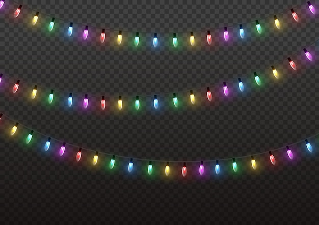 Kerst Nieuwjaar slingers Led neon lamp Xmas gloeiende kleurrijke gloeilampen op draad snaren Vector