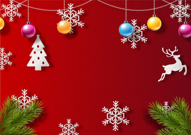 Vector kerst objecten en dennenbladeren versierd op rode achtergrond. mooie kerst wenskaart
