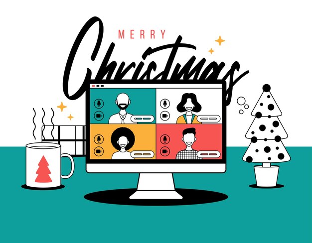 Kerst online groet in kaderstijl mensen ontmoeten elkaar online samen met familie of vrienden videobellen op computer virtuele discussie groep mensen ontmoeten elkaar via videoconferentie op kerstmis