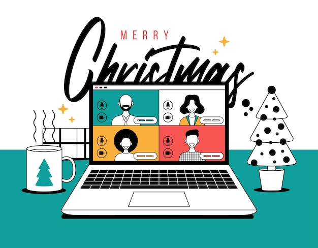 Kerst online groet in kaderstijl mensen ontmoeten elkaar online samen met familie of vrienden videobellen op laptop virtuele discussie Groep mensen ontmoeten elkaar via videoconferentie op kerstmis