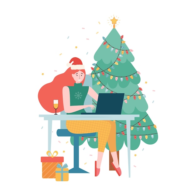 Kerst Online internetfeestje. Nieuwjaarsviering in quarantainemodus. Meisje in een kerstmuts en een glas champagne zit met een laptop in de buurt van de kerstboom. Vakantie-evenement op afstand thuis
