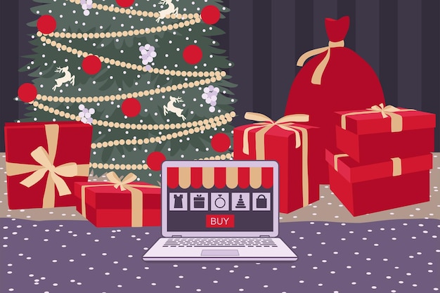 Kerst online winkelen platte vector illustratie webbanner