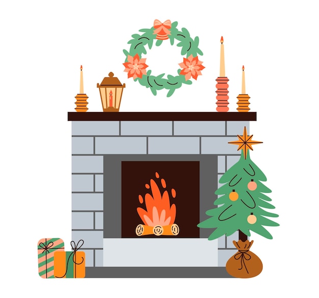 Kerst open haard voor huis met ornament op krans dennentak lantaarn vakantie kamerdecoratie platte vectorillustratie