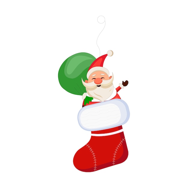 Kerst ornament vector. Grappig gelukkig kerstmankarakter met cadeau, tas en cadeautjes.