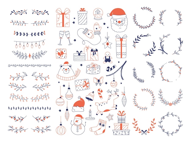Kerst overzicht doodle winter vakantie decoratieve elementen vector symbolen illustratie set