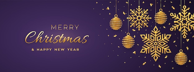 Kerst paarse achtergrond met hangende glanzende gouden sneeuwvlokken en ballen merry christmas wenskaart vakantie xmas en nieuwjaar poster webbanner vector illustratie