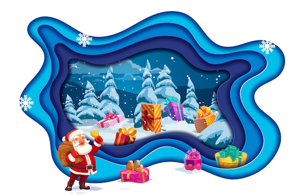 Kerst papercut cartoon Santa geschenken op sneeuw