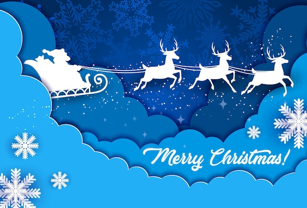 Kerst papier gesneden poster met Santa slee silhouet in de lucht Kerstmis Nieuwjaar cover of vector achtergrond Kerst winter vakantie papier gesneden banner of poster met vliegende Santa Claus slee sneeuwvlokken