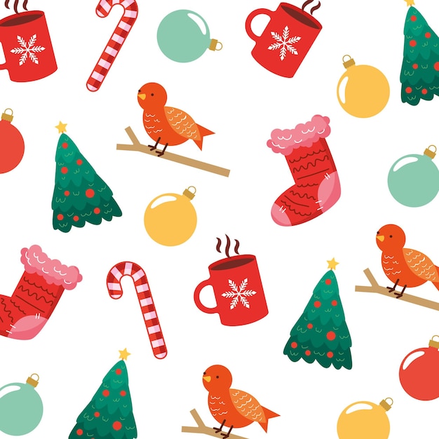 Kerst patroon achtergrond met vogel kousen boom en kerstballen. vector illustratie