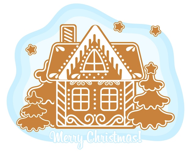 Kerst peperkoek huis met sparren en tekst Merry christmas. Illustratie, vector
