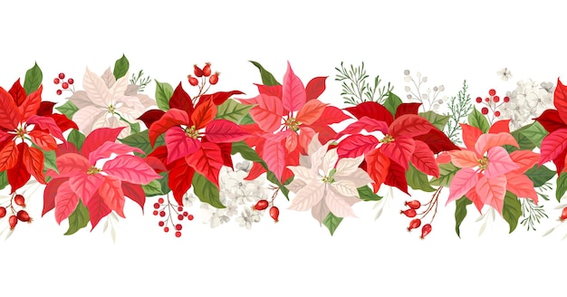 Vector kerst poinsettia vector garland grens, aquarel bloemen winterseizoen frame, vakantie naadloze achtergrond, met rowan bessen, pijnboomtak, ster bloemen, xmas decoratie banner