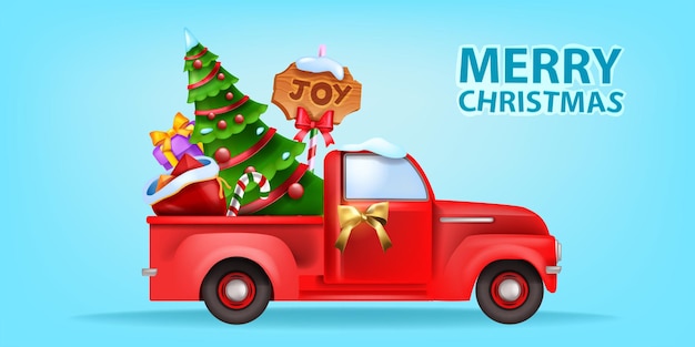 Kerst rode auto vector santa xmas retro vrachtwagen versierd dennenboom aanwezig zak houten plank