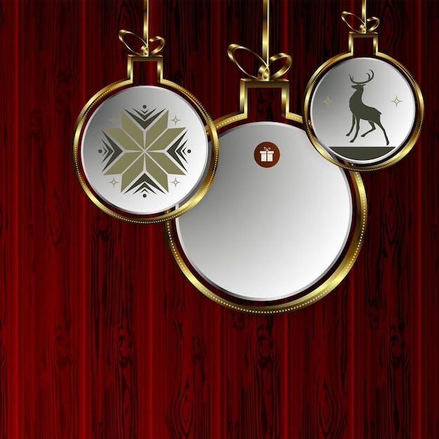 Kerst rode compositie met ballen met een gouden rand en silhouetten van een hert en sneeuwvlokken