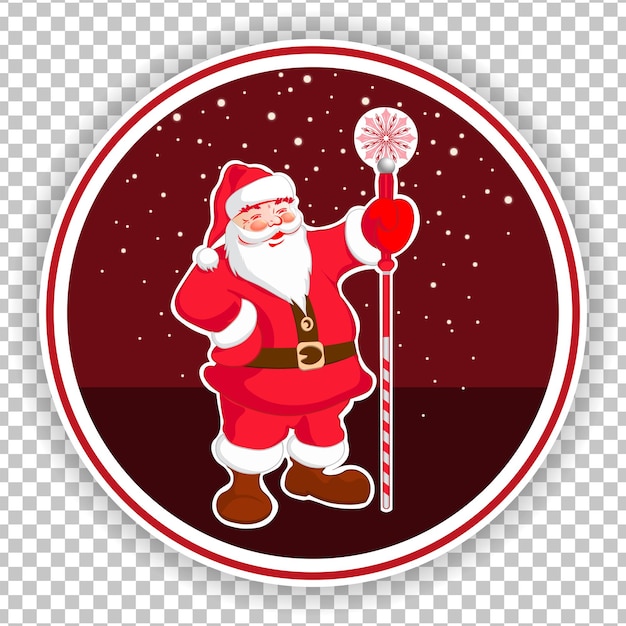 Kerst rood rond bord met het silhouet van de kerstman met personeel en sneeuwvlokken