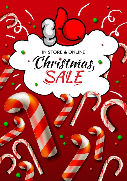 Kerst sale banner, vector sjabloon met kerst candy cane voor online vakantie winkelen.