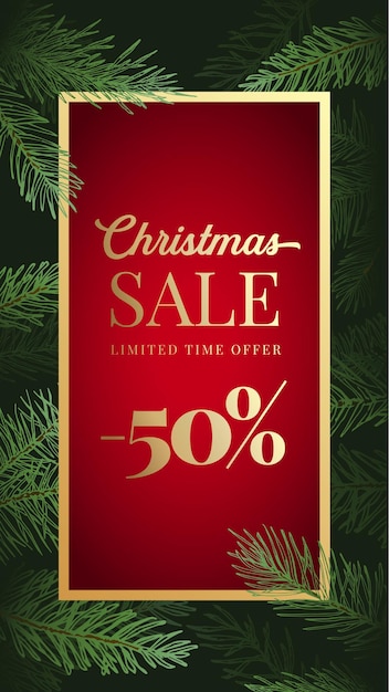 Kerst Sale Promo Vector reclamekaart of Poster. Pine takken achtergrond met tekst kopie ruimte en typografie. Wintervakantie verhalen of decoratie sjabloon.