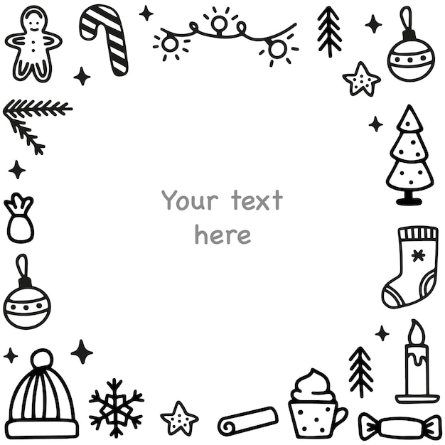 Kerst schattig decoratie frame van doodle elementen met ruimte voor tekst. Vector illustratie