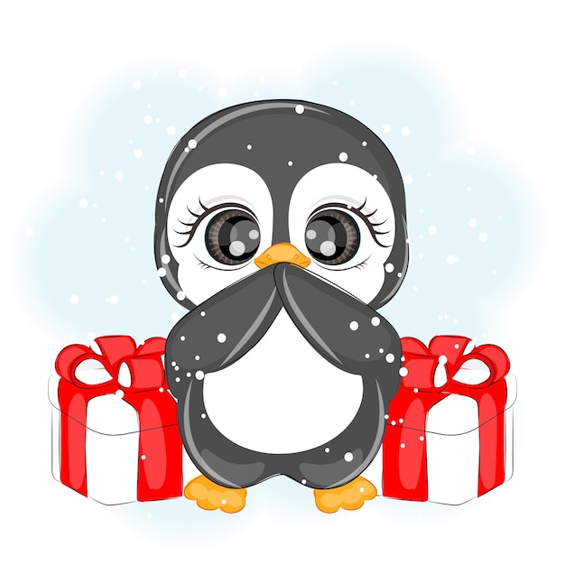 Kerst schattige pinguïn met cadeautjes vectorillustratie