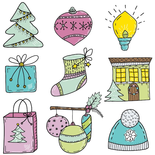 Kerst set doodle vectorillustraties hand getrokken schets elementen voor uw ontwerp sneeuwpop kerstboom kerst bal geschenkdoos kleine pinguïn kerstsok gebreide muts krans