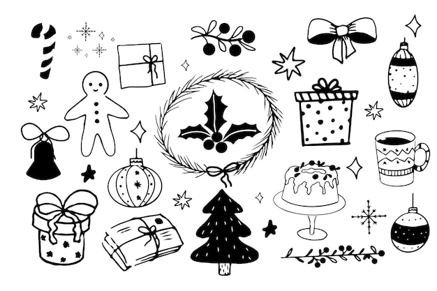 Vector kerst set elementen pictogrammen gingerbread man presenteert winter decoraties