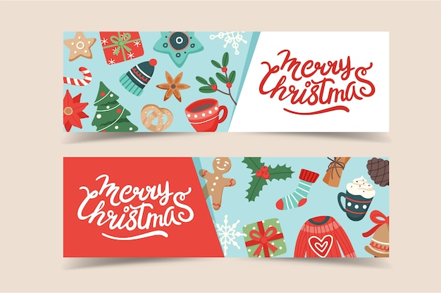 Kerst sjabloon voor spandoek met belettering en leuke seizoensgebonden elementen