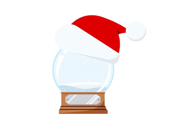 Vector kerst sneeuwbol bal met kerstmuts en vallende sneeuw op een houten basis met een metalen plaat geïsoleerd op witte achtergrond vector platte ontwerp cartoon stijl winter speelgoed illustratie