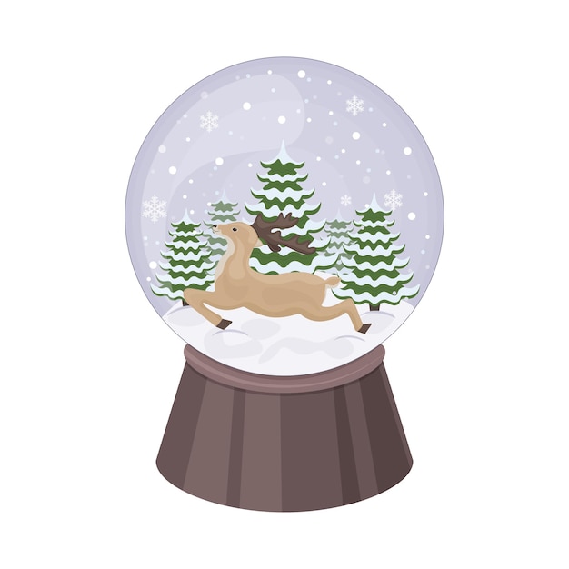 Kerst sneeuwbol in cartoon-stijl. een sneeuwbol met een rennend rendier van de kerstman en kerstbomen op de achtergrond. een kerstaccessoire. een feestelijk speeltje. vector illustratie