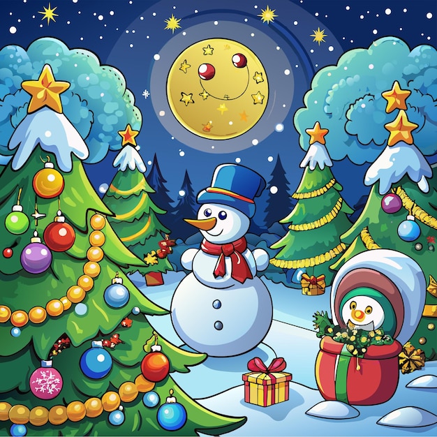 Vector kerst sneeuwman met veel geschenk dozen en versierde boom hand getekende cartoon personage