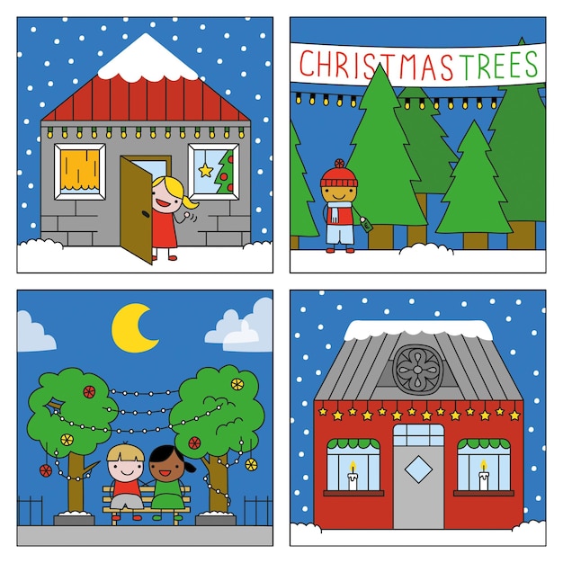 Kerst stad vector illustratie set