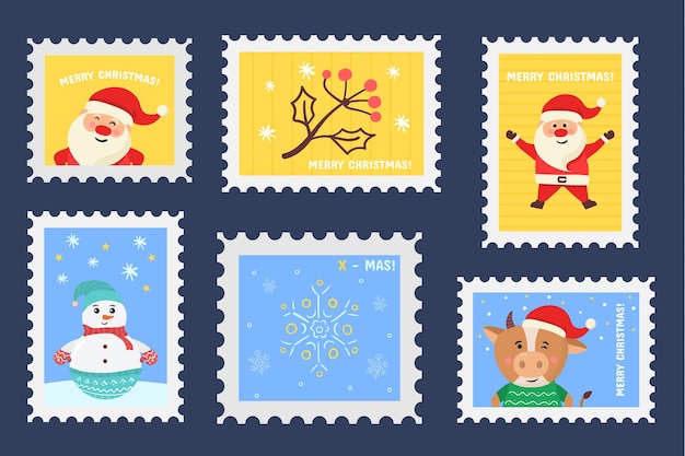 Kerst stempel vakantie stickers in de hand getekende ontwerp postzegels set kerst poststempels