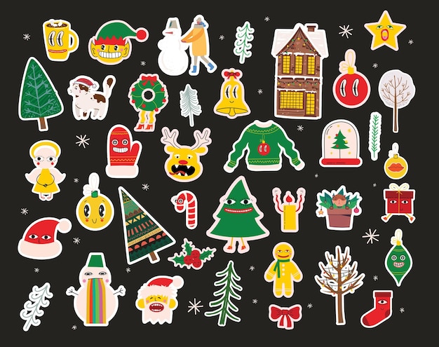 Kerst sticker icon set Vintage kerst en gelukkig 2023 Nieuwjaar elementen Vector illustratie Vakantie poster met kerst symbolen