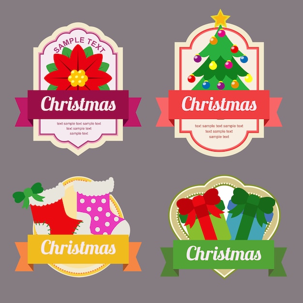 Kerst sticker vlakke stijl label met lint