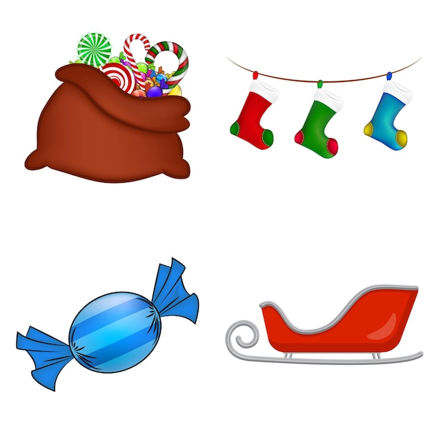 Vector kerst symbolen collectie grote set van xmas iconen seizoensgebonden cartoon illustraties geïsoleerd op wit vakantie ornamenten en decoraties kerstman tas sokken snoep slee