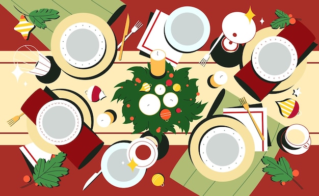 Kerst tafel bovenaanzicht met borden en versierd bestek platte vector illustratie rood tafelkleed met...
