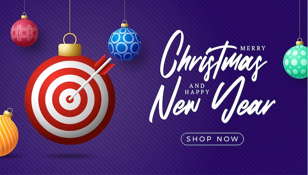 Kerst target dash verkoopkaart. merry christmas sport wenskaart. hang op een draad target dash als een kerstbal en snuisterij op horizontale achtergrond. sport vectorillustratie.