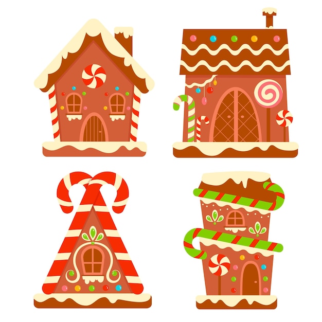 Kerst tekenfilms illustraties. peperkoek huis clipart instellen vectorillustratie