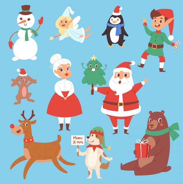 Kerst tekens cute cartoon santa claus, sneeuwman, rendier, xmas beer, santa vrouw, hond nieuwjaar symbool, elf kind jongen en pinguïn individuele kenmerken illustratie