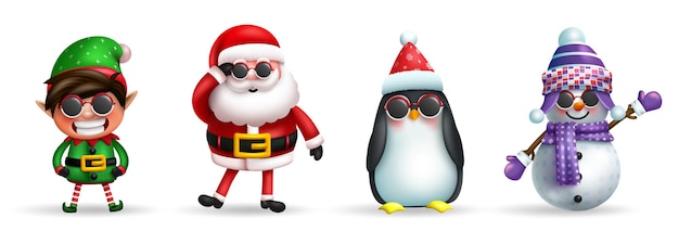 Kerst tekens vector decorontwerp. Kerstman, elf, sneeuwpop en pinguïn 3d kerstkarakter