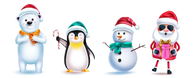 Kerst tekens vector decorontwerp. Kerstman, ijsbeer, sneeuwpop en pinguïn 3d kerst.