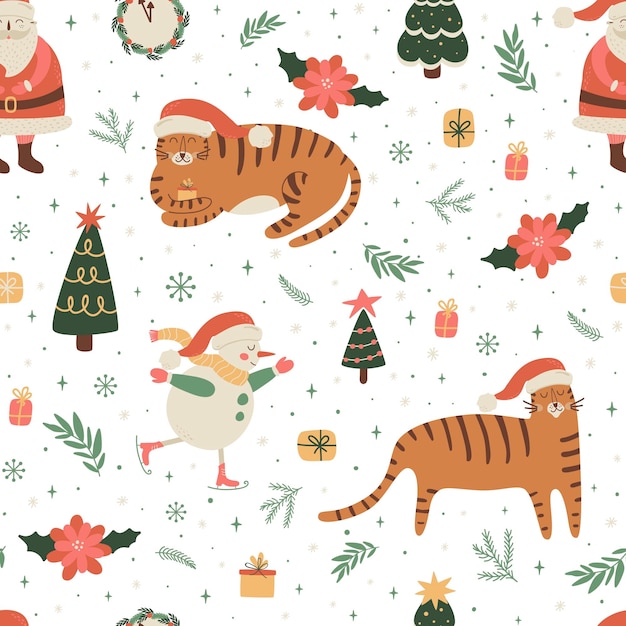 Kerst tijger patroon Nieuwjaar tijger print schattig kinderachtig Santa Claus karakter tijger kerstboom geschenken sneeuwvlokken takken bloemen Kerstmis achtergrond Nieuwjaar 2022 vectorillustratie