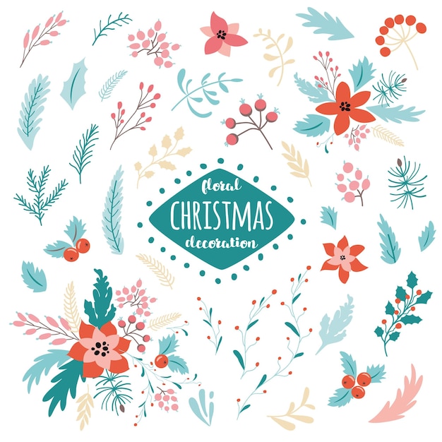 Kerst twijgen set Leuke bloemen Kerst tak boeket Lichtblauw Kerst gebladerte hand getekende cartoon stijl Poinsettia ster bloem Winter element Vector illustratie geïsoleerd op witte achtergrond