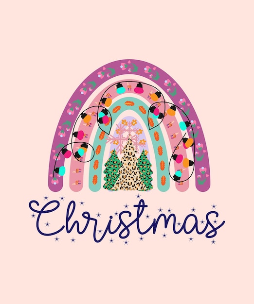 Kerst typografie Vector T-shirt Design met kerst regenboog illustratie