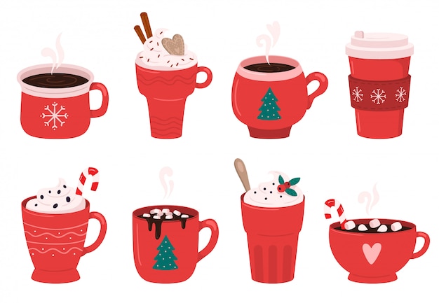 Kerst vakantie koffiemok. Cacao met marshmallows, winterverwarmende drankjes en hete espresso kop illustratie set