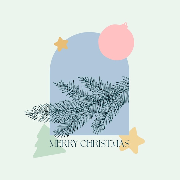 Kerst vector achtergrond decoratieve lay-out. spruce tak met holiday geometry shapes boho label. eigentijds seizoensgroetontwerp voor omslag, wanddecoratie, kledingprint, behangpromo-advertenties